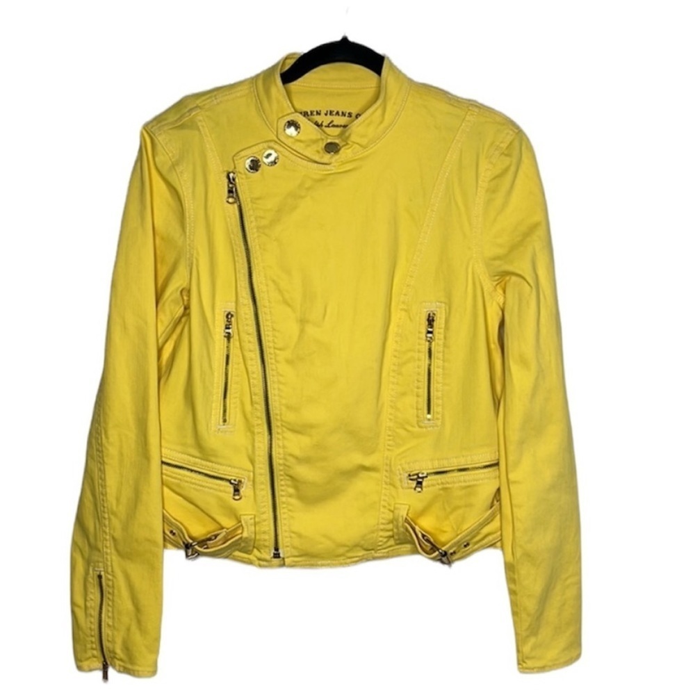 Lauren Jeans Yellow Denim Moto Asymmetrical Gold Zip Jacket Sz M